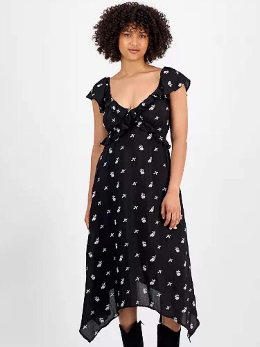 And Now This Black Floral Ruffle Handkerchief Hem Midi Dress